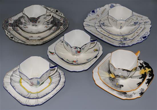 Five Shelley Art Deco tea cups, saucers and plates and 2 bread plates, including Tall Trees & Sunrise pattern